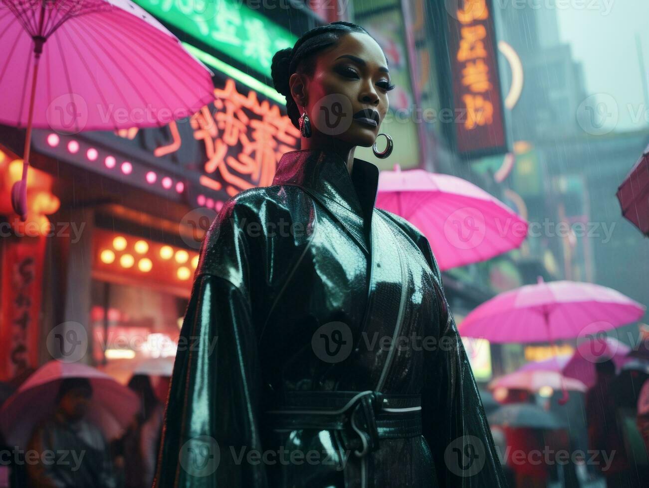 woman in futuristic clothes enjoys leisurely stroll through neon city streets AI Generative photo