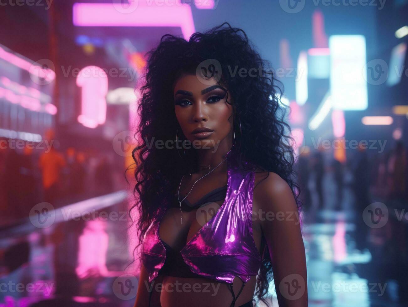 woman in futuristic clothes enjoys leisurely stroll through neon city streets AI Generative photo