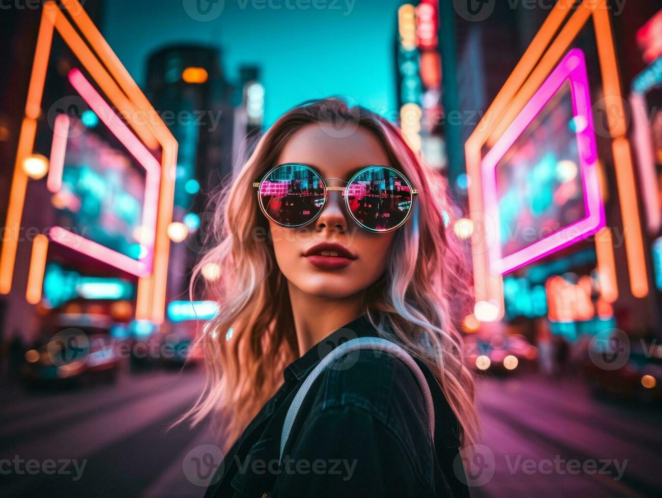 woman in futuristic clothes enjoys leisurely stroll through neon city streets AI Generative photo