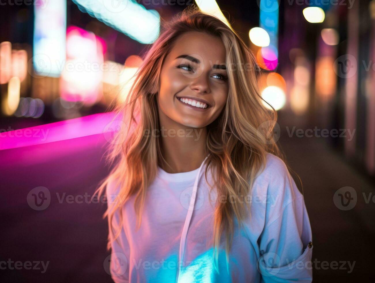 woman in futuristic clothes enjoys leisurely stroll through neon city streets AI Generative photo