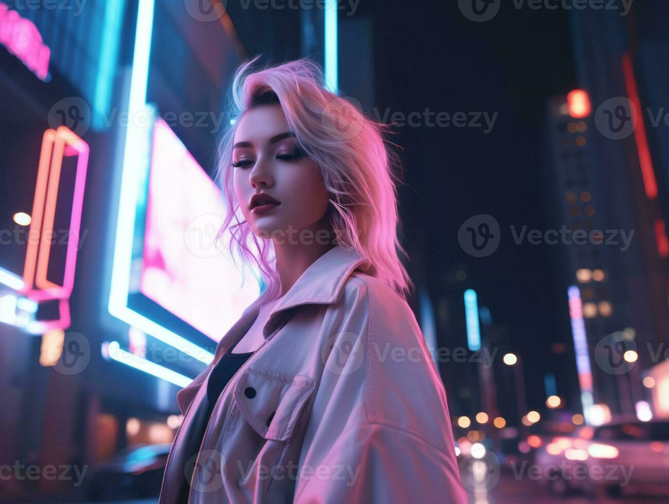 woman in futuristic clothes enjoys leisurely stroll through neon city streets AI Generative photo