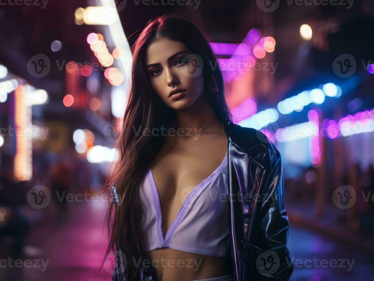 woman in futuristic clothes enjoys leisurely stroll through neon city streets AI Generative photo