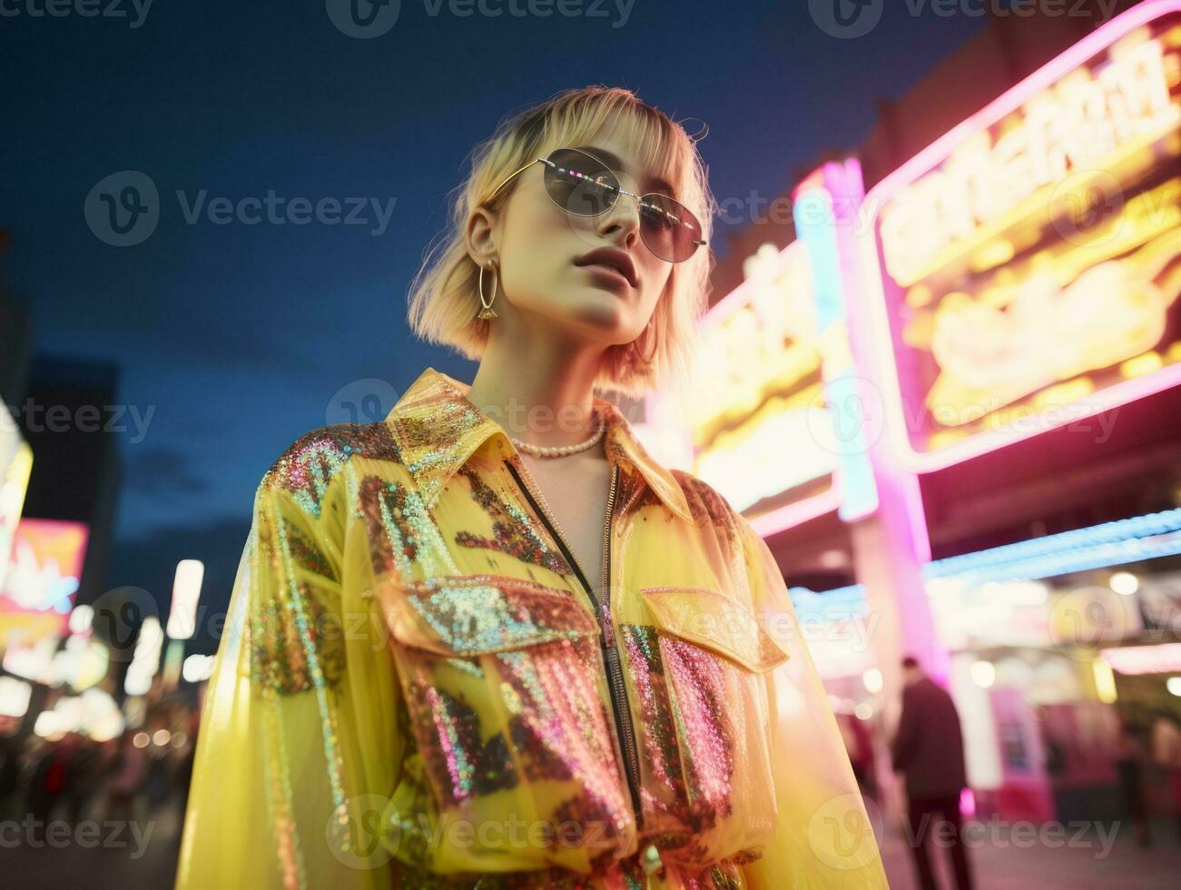 mujer en futurista ropa disfruta sin prisa paseo mediante neón ciudad calles ai generativo foto