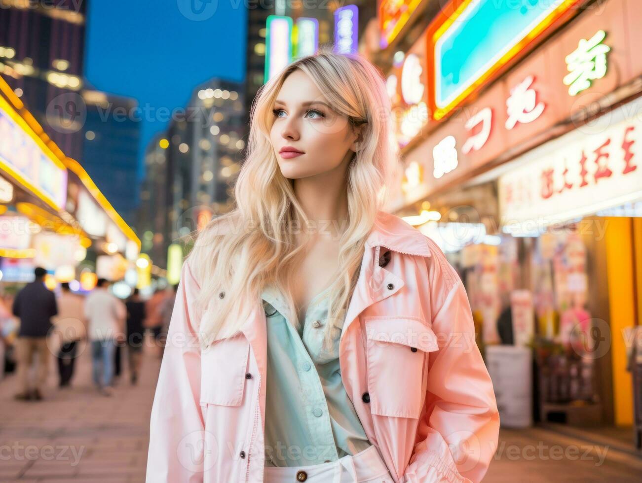 woman in futuristic clothes enjoys leisurely stroll through neon city streets AI Generative photo