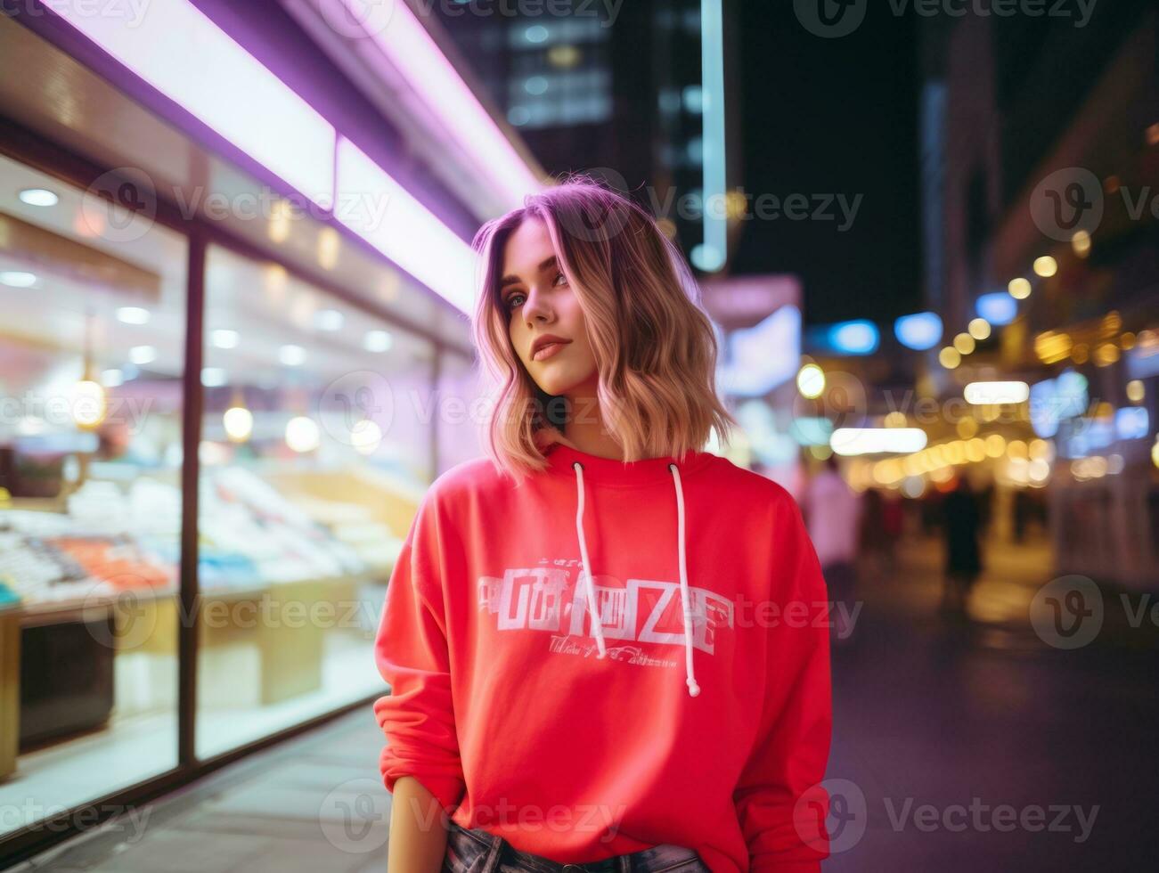 woman in futuristic clothes enjoys leisurely stroll through neon city streets AI Generative photo