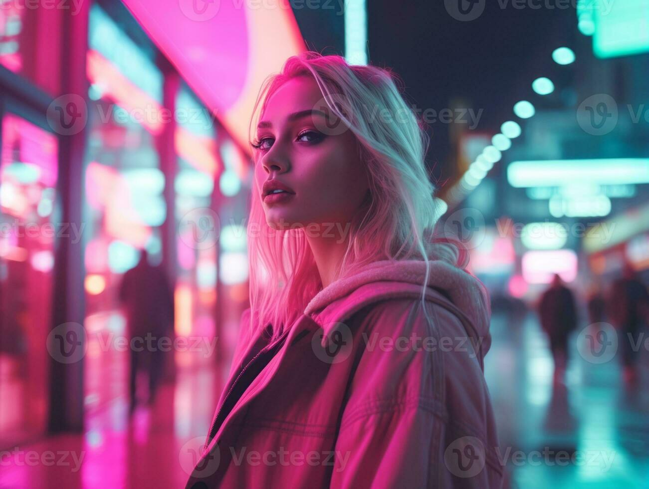 woman in futuristic clothes enjoys leisurely stroll through neon city streets AI Generative photo