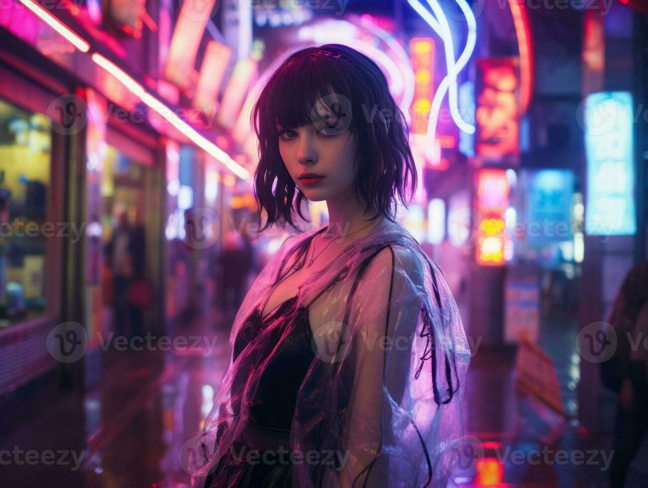 woman in futuristic clothes enjoys leisurely stroll through neon city streets AI Generative photo