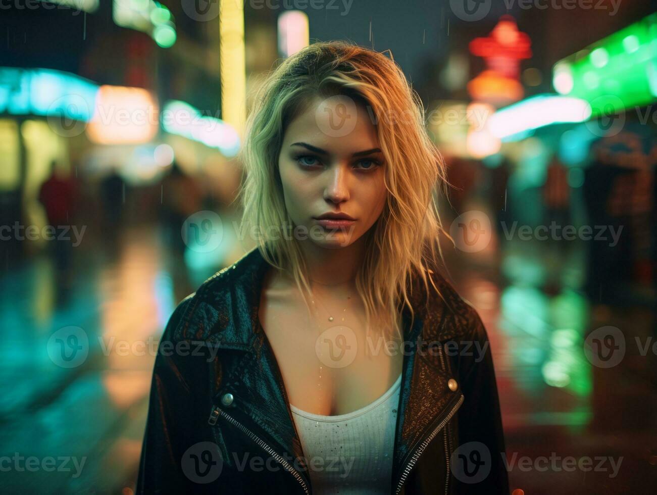 woman in futuristic clothes enjoys leisurely stroll through neon city streets AI Generative photo