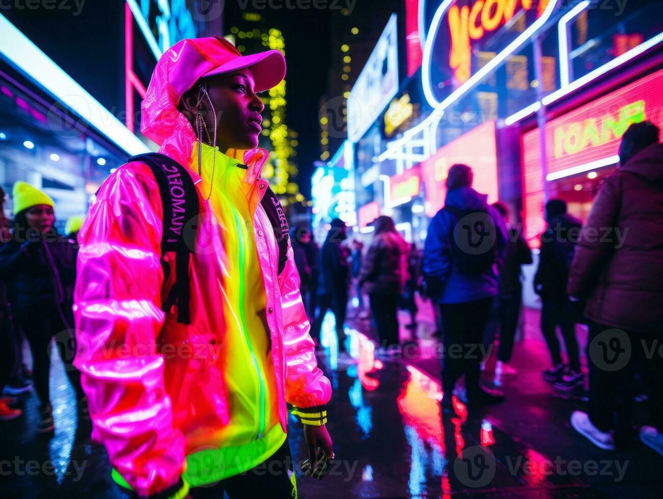 woman in futuristic clothes enjoys leisurely stroll through neon city streets AI Generative photo