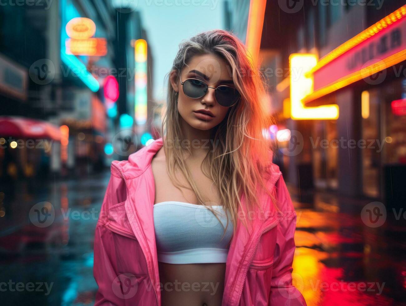 woman in futuristic clothes enjoys leisurely stroll through neon city streets AI Generative photo