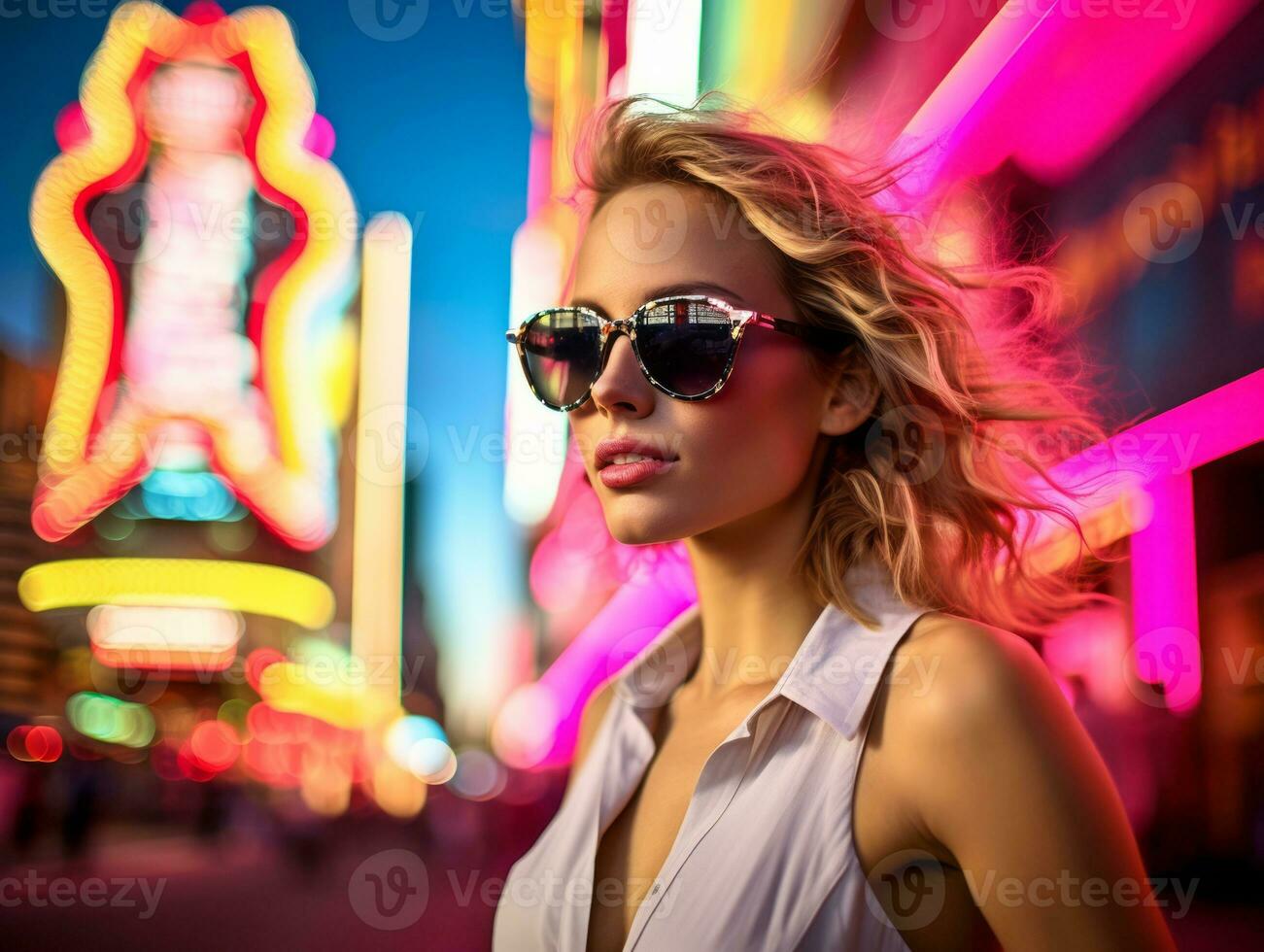 woman in futuristic clothes enjoys leisurely stroll through neon city streets AI Generative photo