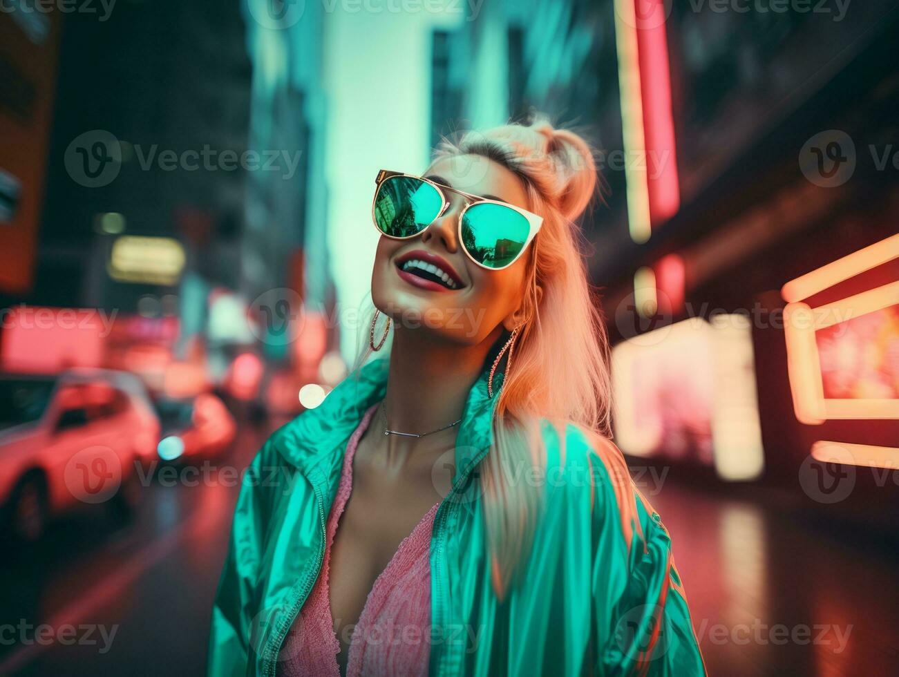 woman in futuristic clothes enjoys leisurely stroll through neon city streets AI Generative photo