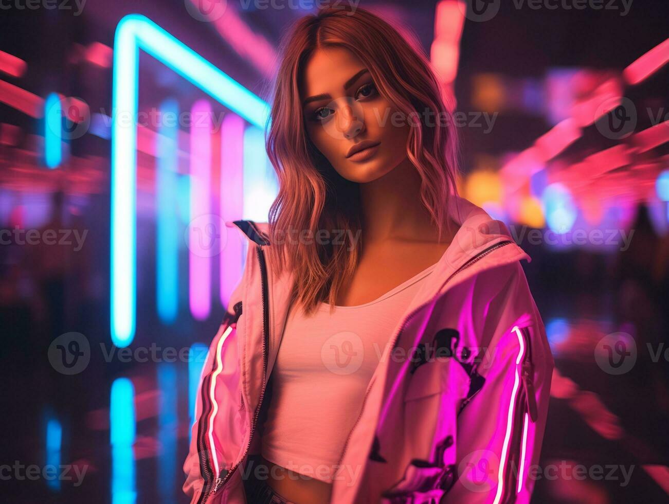 woman in futuristic clothes enjoys leisurely stroll through neon city streets AI Generative photo