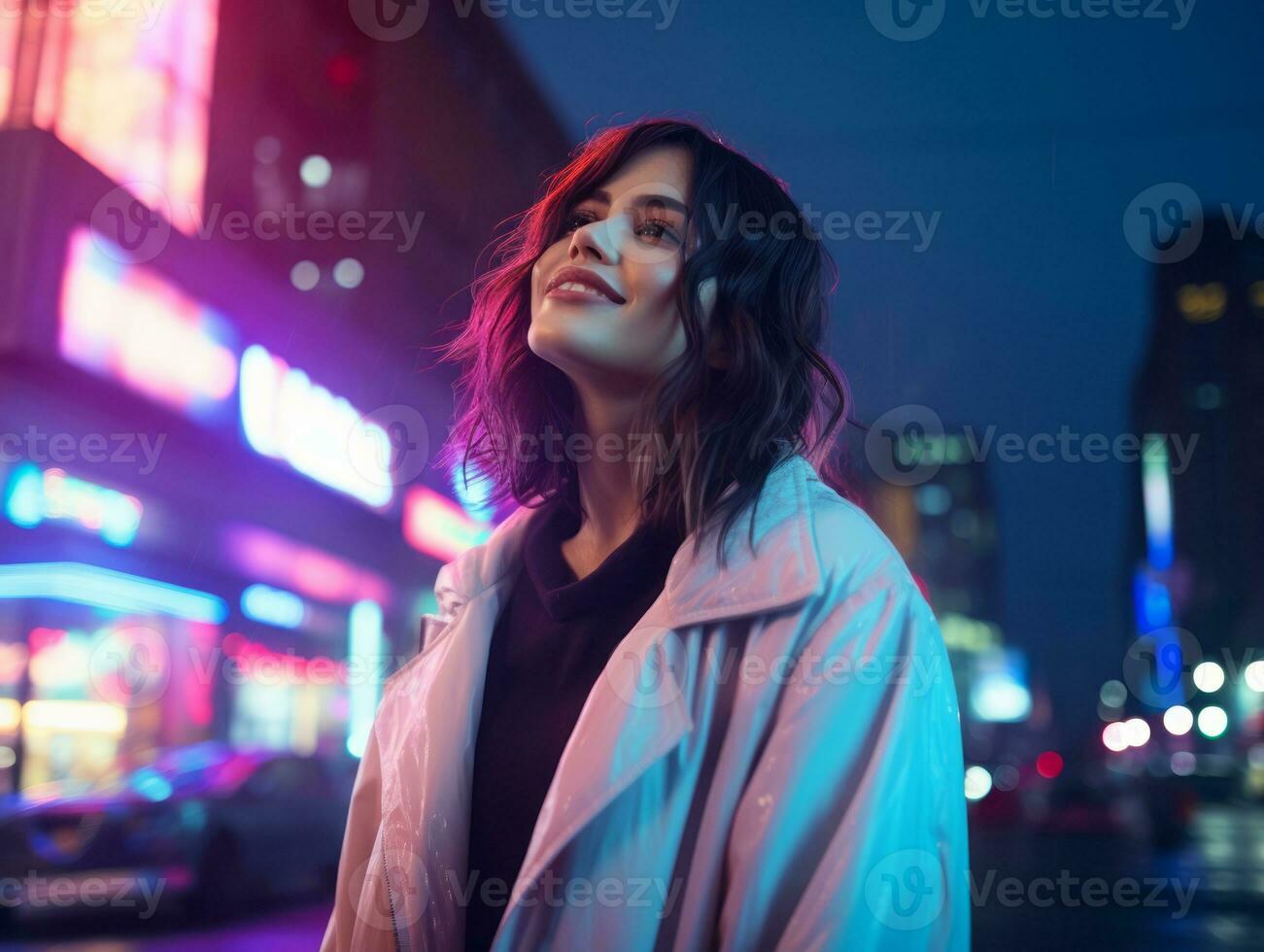 woman in futuristic clothes enjoys leisurely stroll through neon city streets AI Generative photo