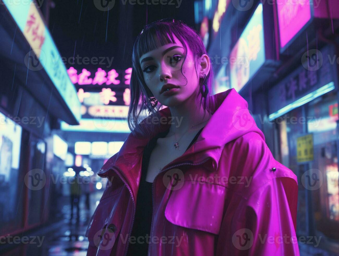 woman in futuristic clothes enjoys leisurely stroll through neon city streets AI Generative photo