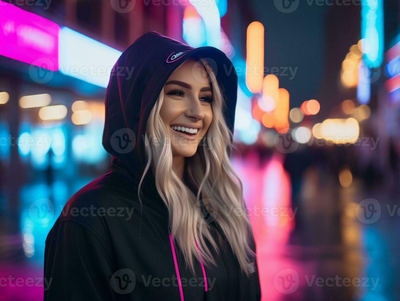 mujer en futurista ropa disfruta sin prisa paseo mediante neón ciudad calles ai generativo foto