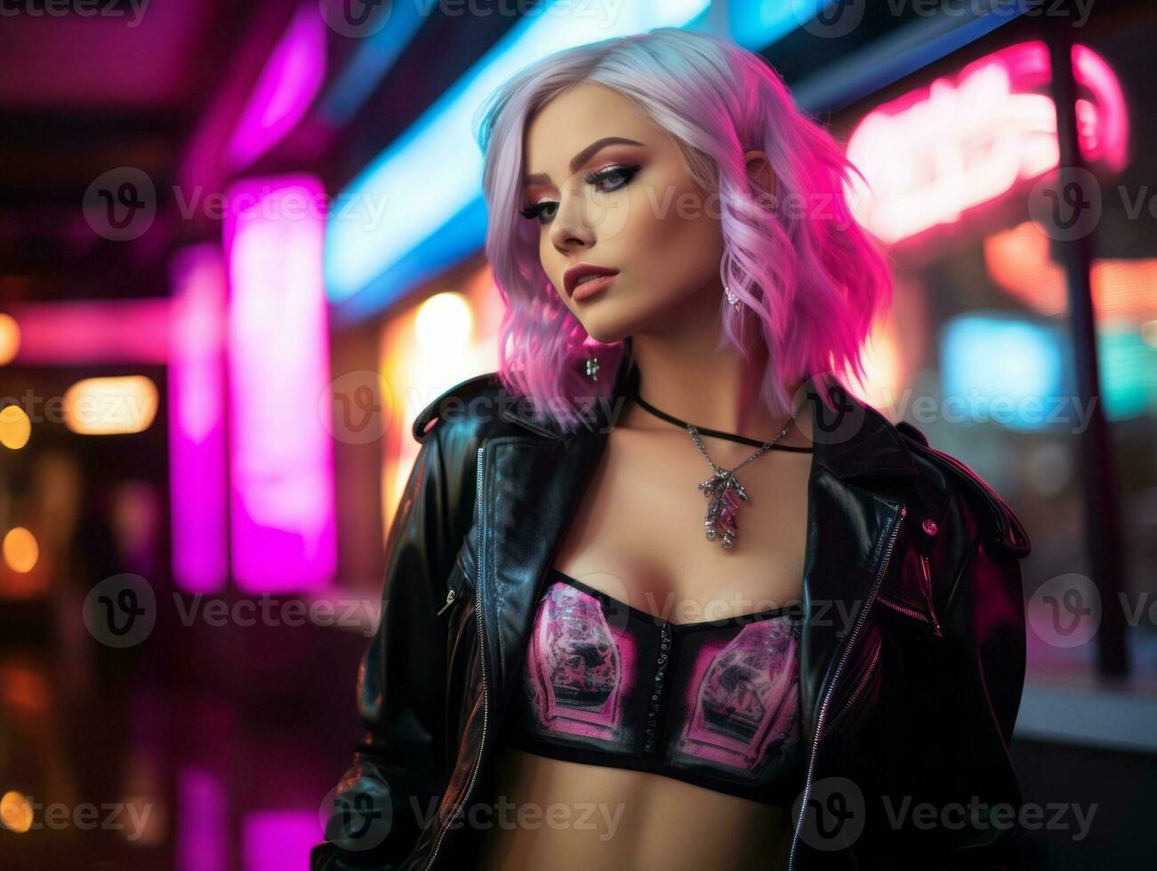 woman in futuristic clothes enjoys leisurely stroll through neon city streets AI Generative photo