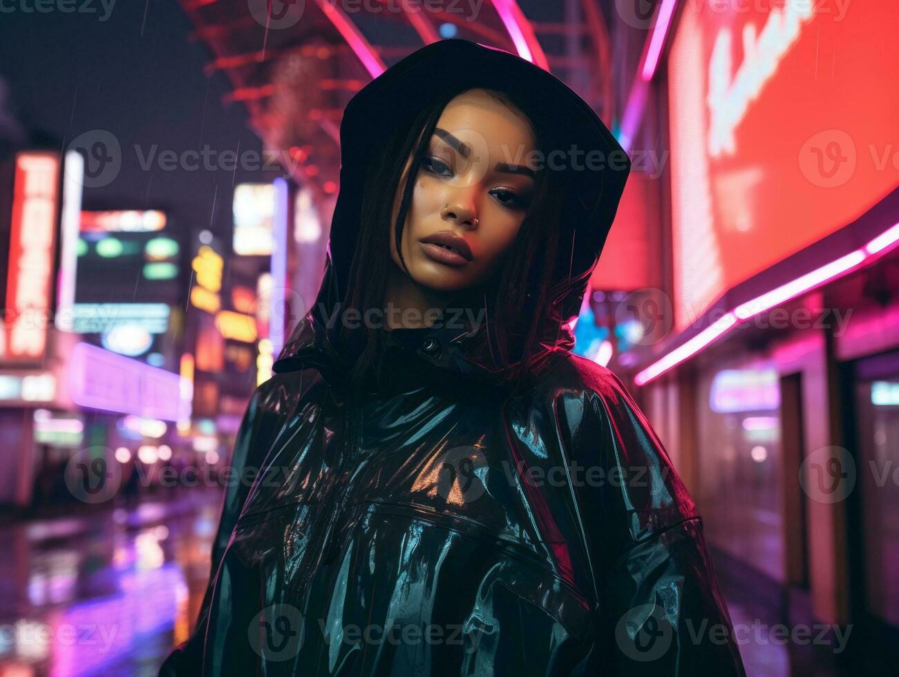 woman in futuristic clothes enjoys leisurely stroll through neon city streets AI Generative photo