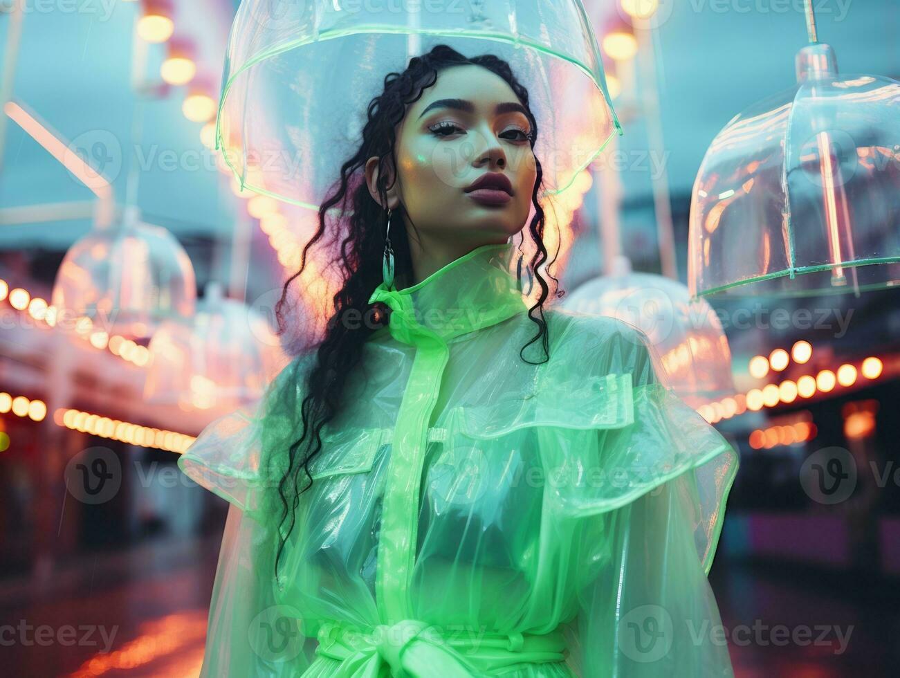 woman in futuristic clothes enjoys leisurely stroll through neon city streets AI Generative photo