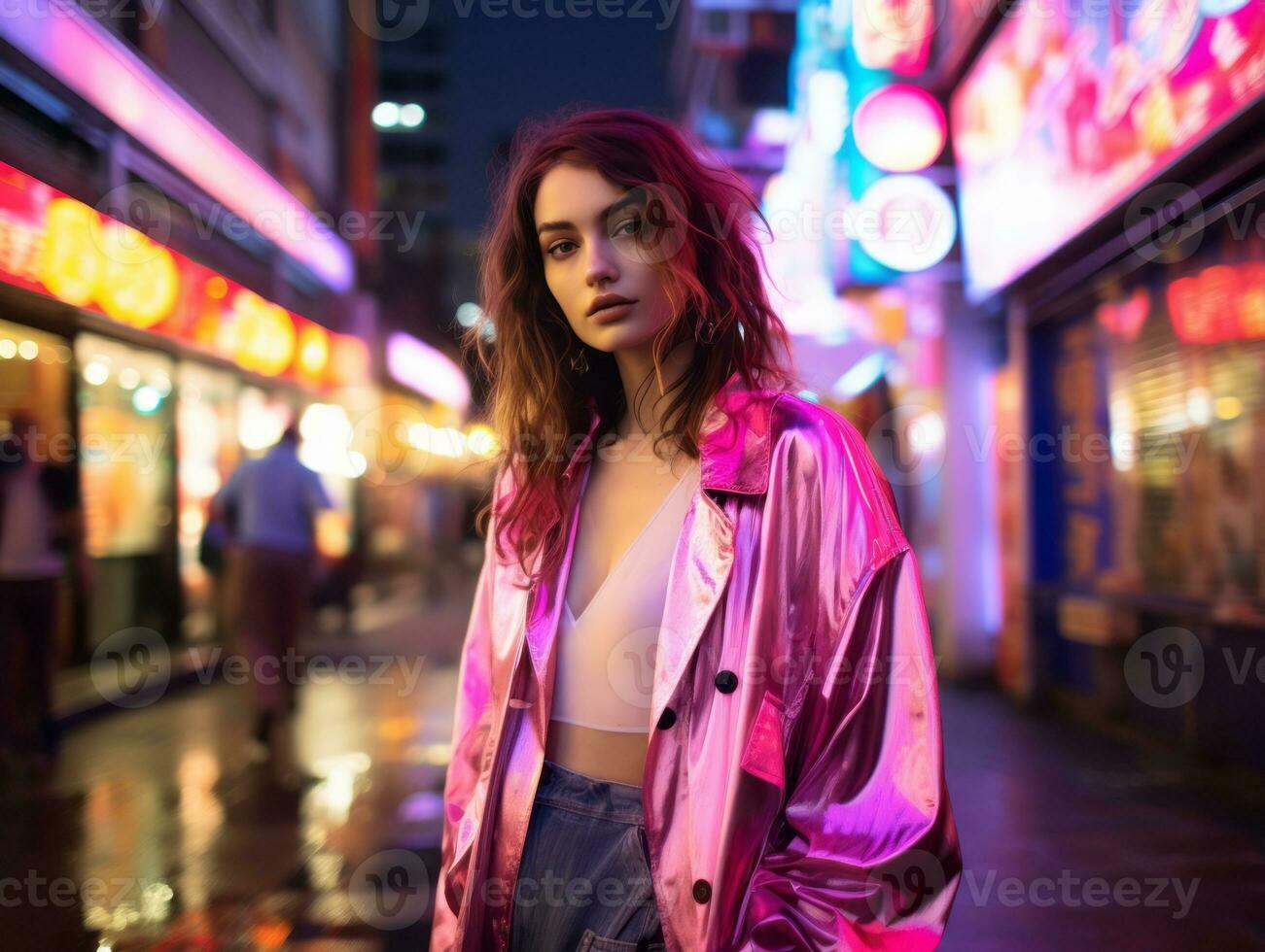 woman in futuristic clothes enjoys leisurely stroll through neon city streets AI Generative photo