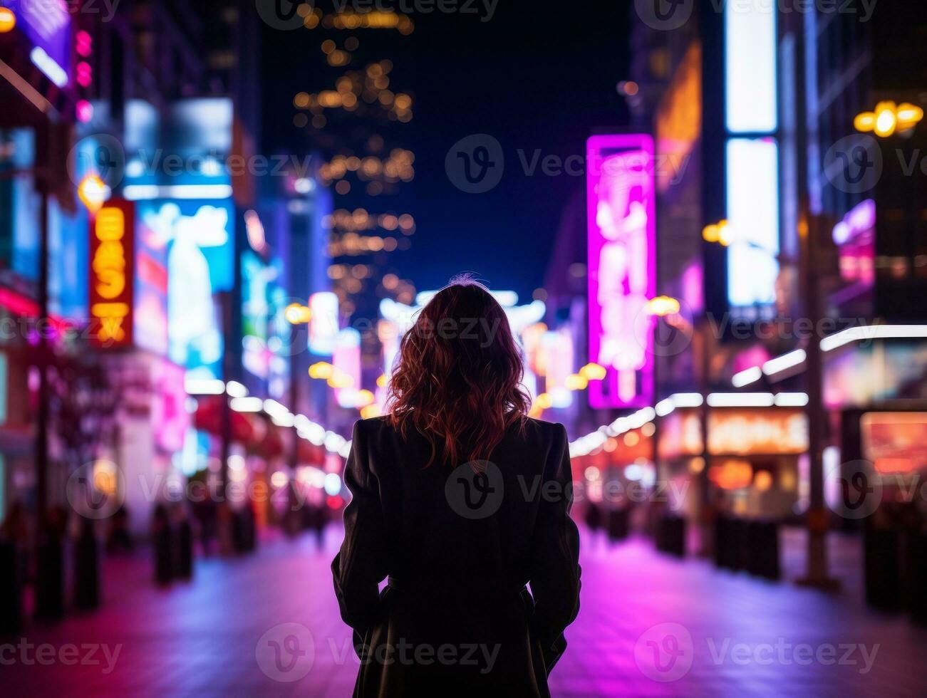 woman in futuristic clothes enjoys leisurely stroll through neon city streets AI Generative photo