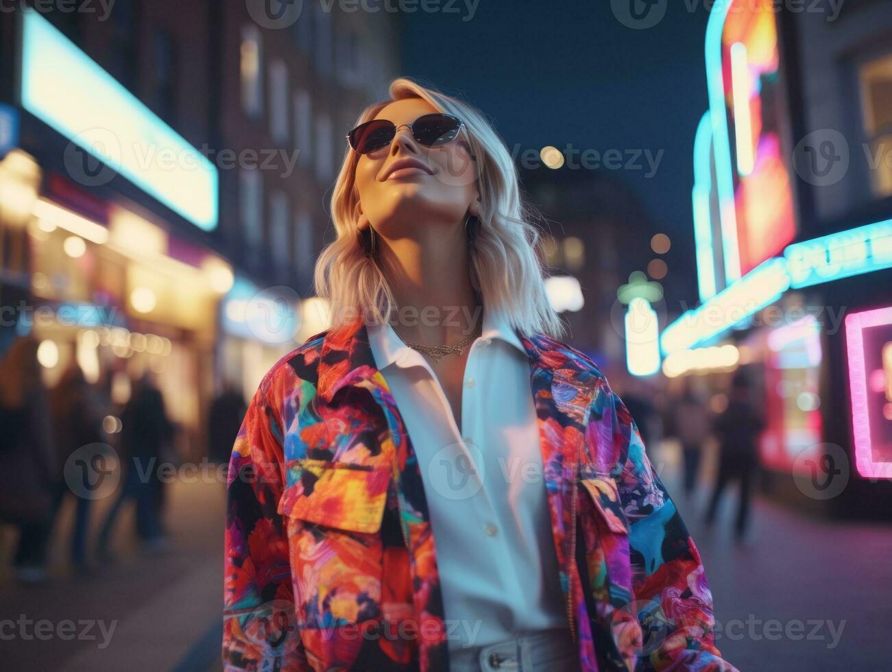 woman in futuristic clothes enjoys leisurely stroll through neon city streets AI Generative photo