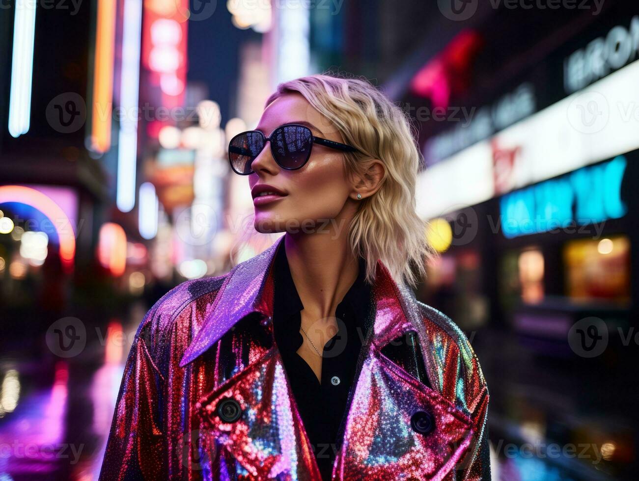 woman in futuristic clothes enjoys leisurely stroll through neon city streets AI Generative photo