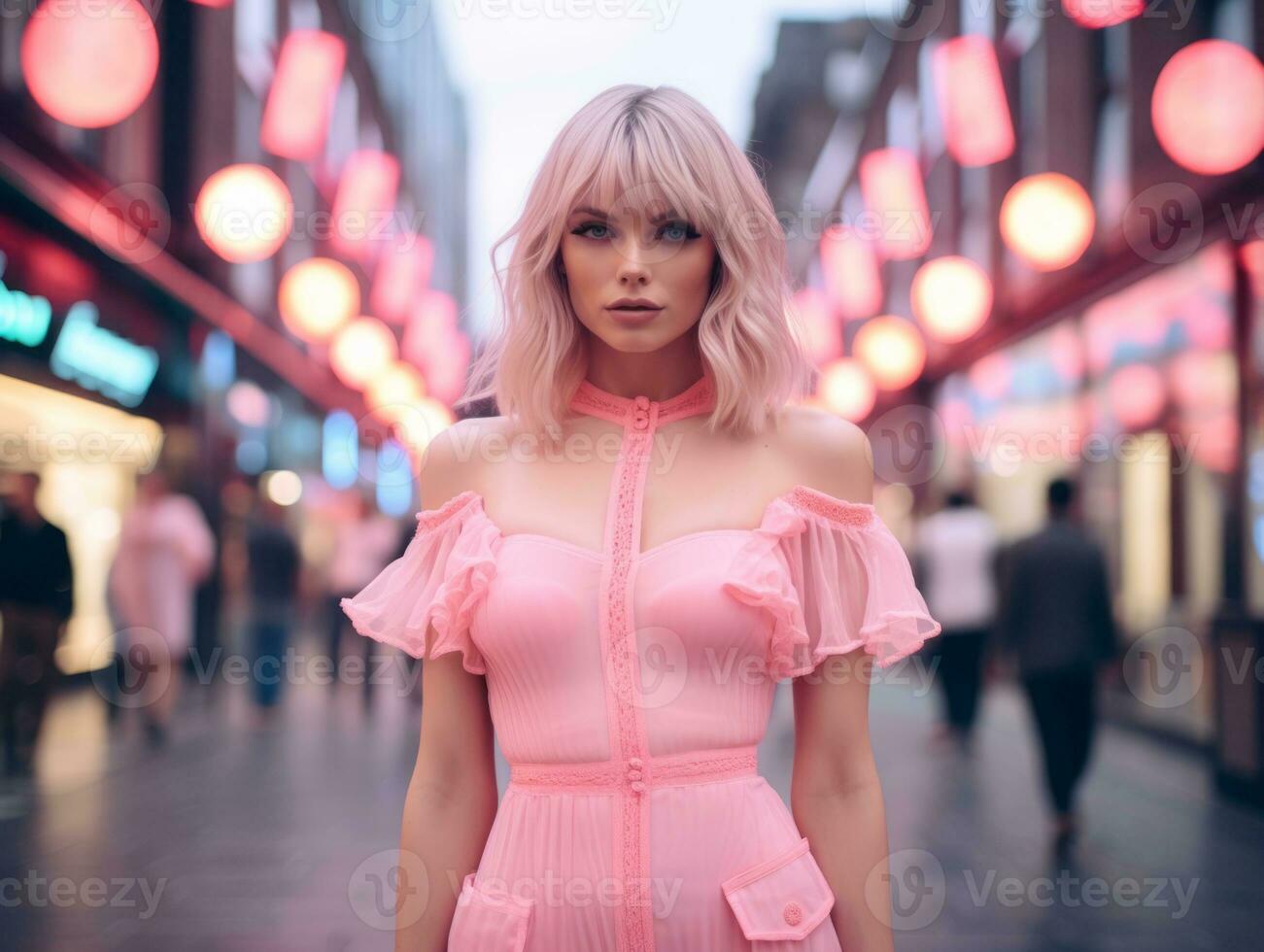 woman in futuristic clothes enjoys leisurely stroll through neon city streets AI Generative photo