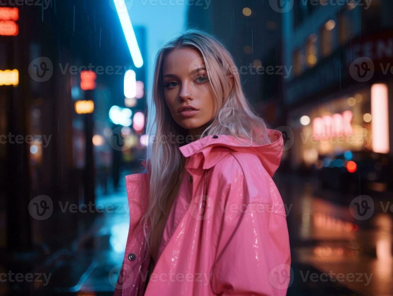 woman in futuristic clothes enjoys leisurely stroll through neon city streets AI Generative photo