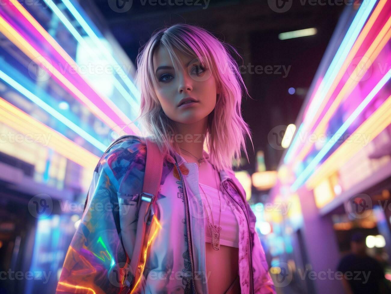 woman in futuristic clothes enjoys leisurely stroll through neon city streets AI Generative photo