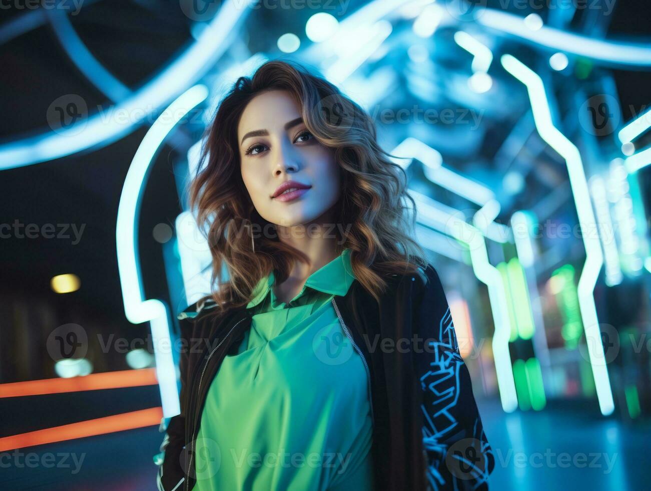 woman in futuristic clothes enjoys leisurely stroll through neon city streets AI Generative photo