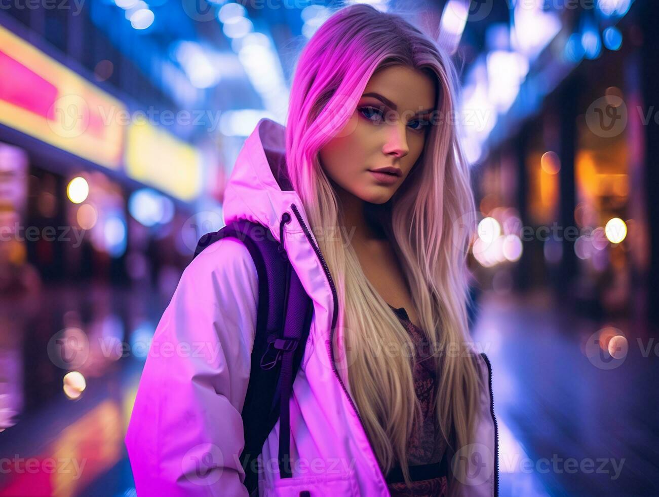 woman in futuristic clothes enjoys leisurely stroll through neon city streets AI Generative photo