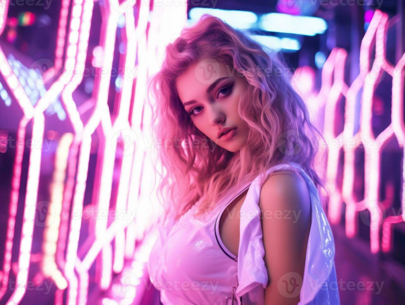 woman in futuristic clothes enjoys leisurely stroll through neon city streets AI Generative photo