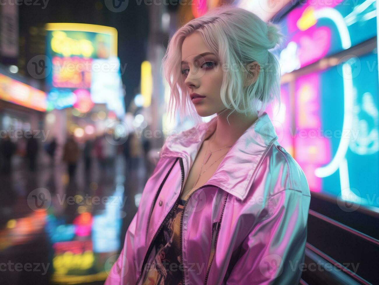 woman in futuristic clothes enjoys leisurely stroll through neon city streets AI Generative photo