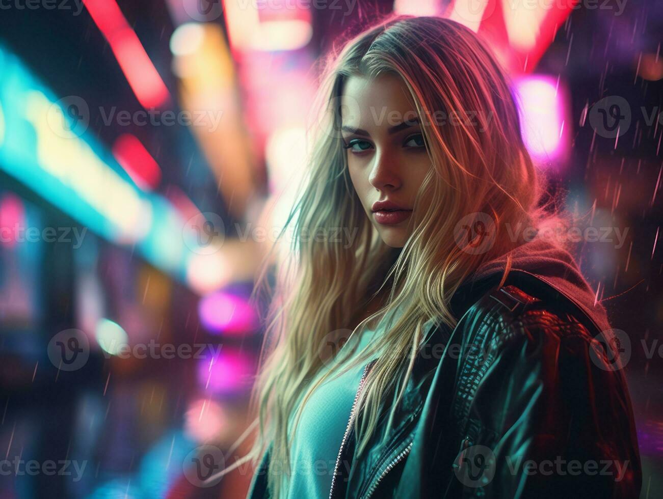 woman in futuristic clothes enjoys leisurely stroll through neon city streets AI Generative photo