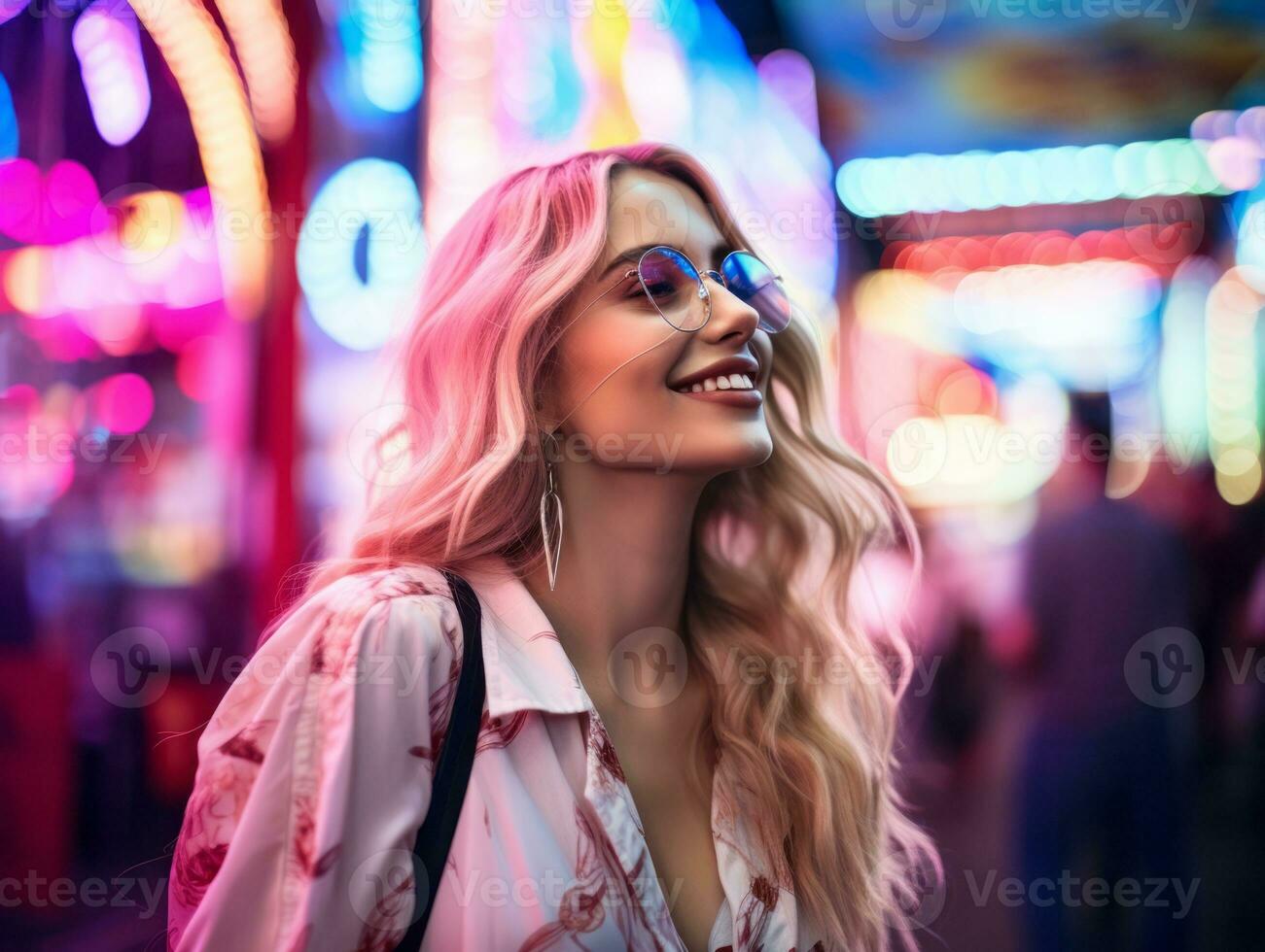 woman in futuristic clothes enjoys leisurely stroll through neon city streets AI Generative photo