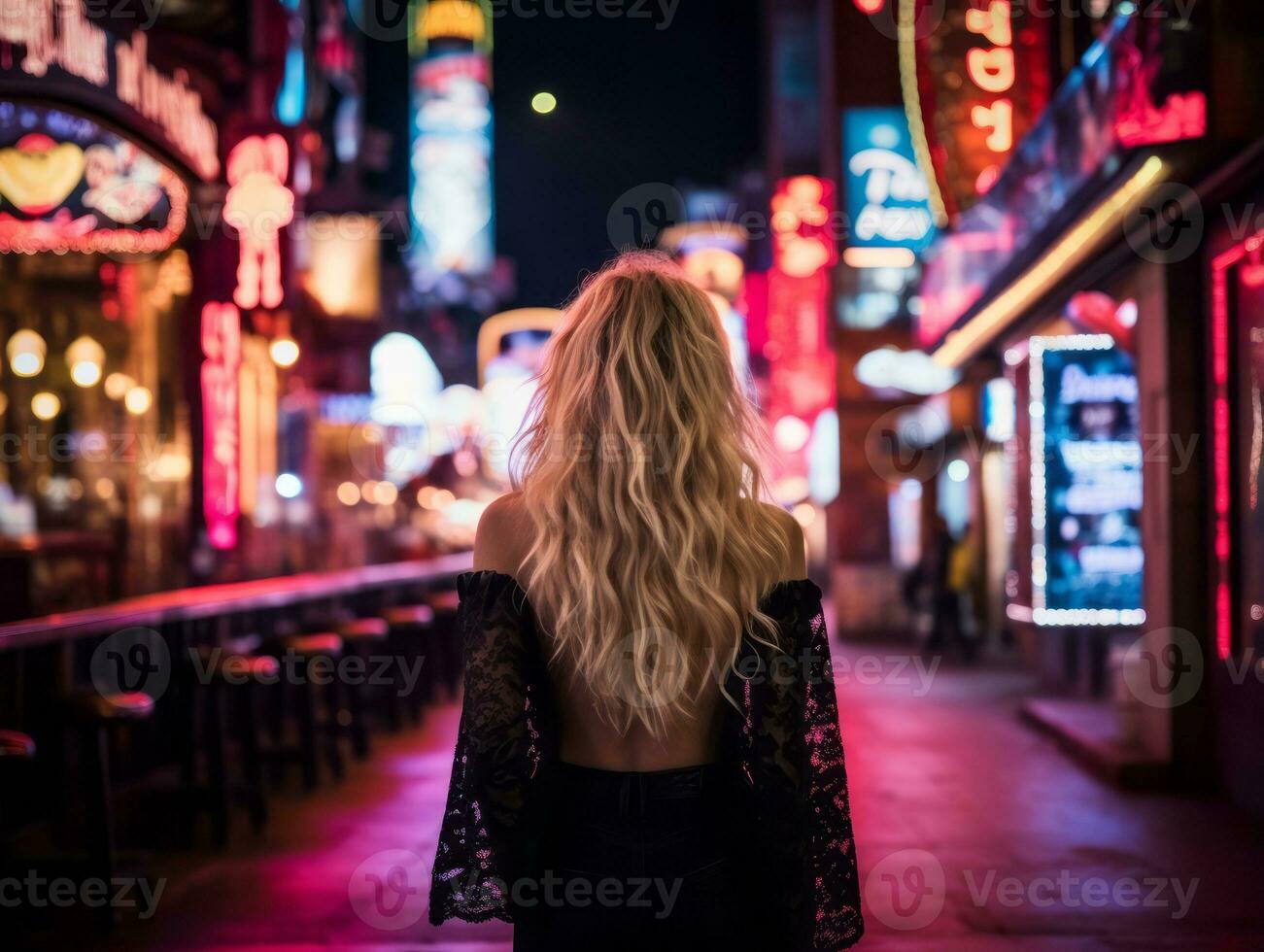 woman in futuristic clothes enjoys leisurely stroll through neon city streets AI Generative photo