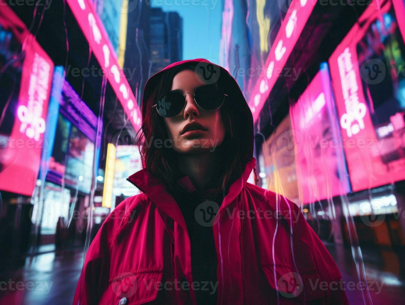 woman in futuristic clothes enjoys leisurely stroll through neon city streets AI Generative photo