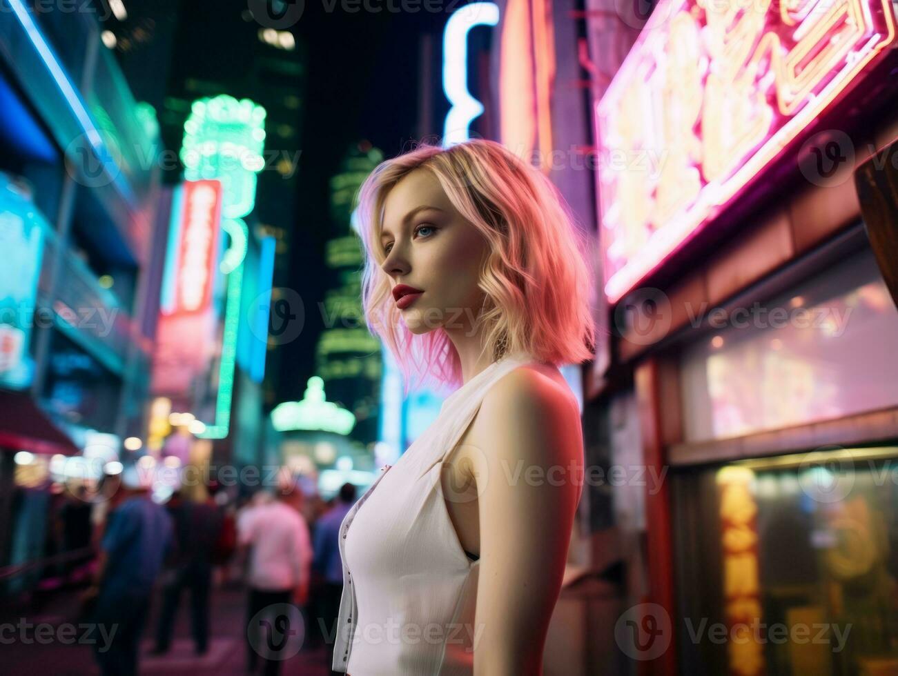 woman in futuristic clothes enjoys leisurely stroll through neon city streets AI Generative photo