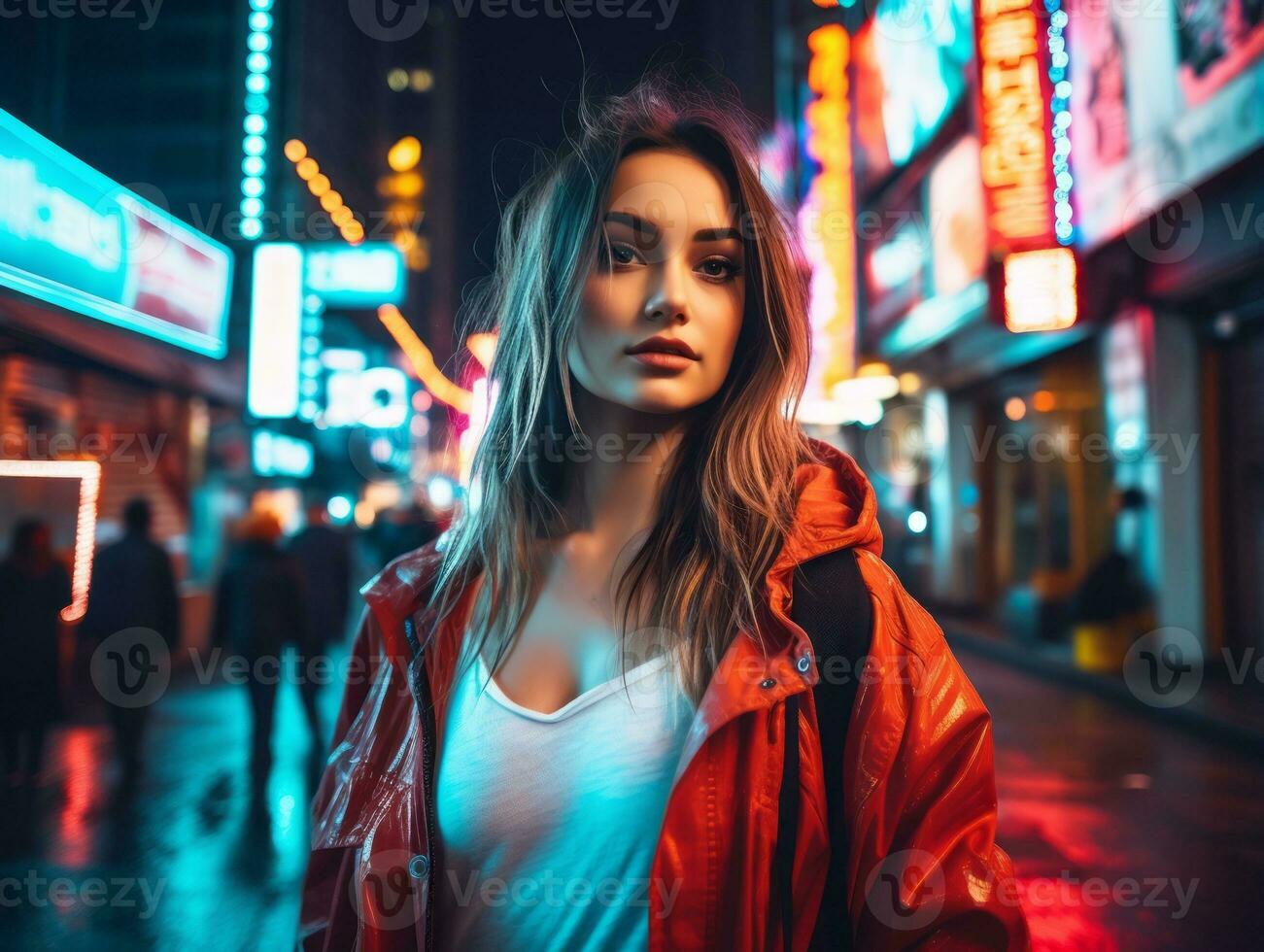 woman in futuristic clothes enjoys leisurely stroll through neon city streets AI Generative photo