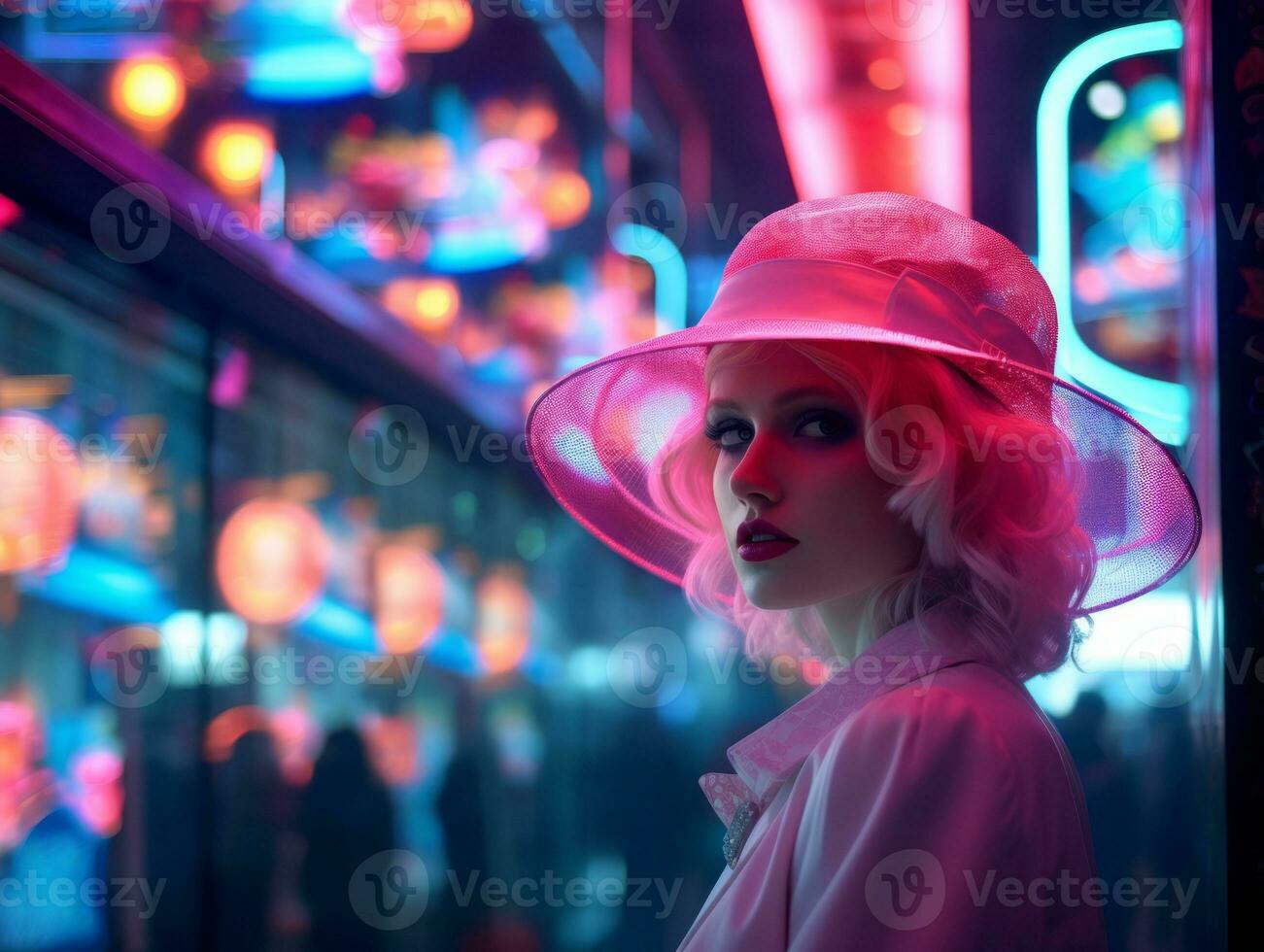 woman in futuristic clothes enjoys leisurely stroll through neon city streets AI Generative photo