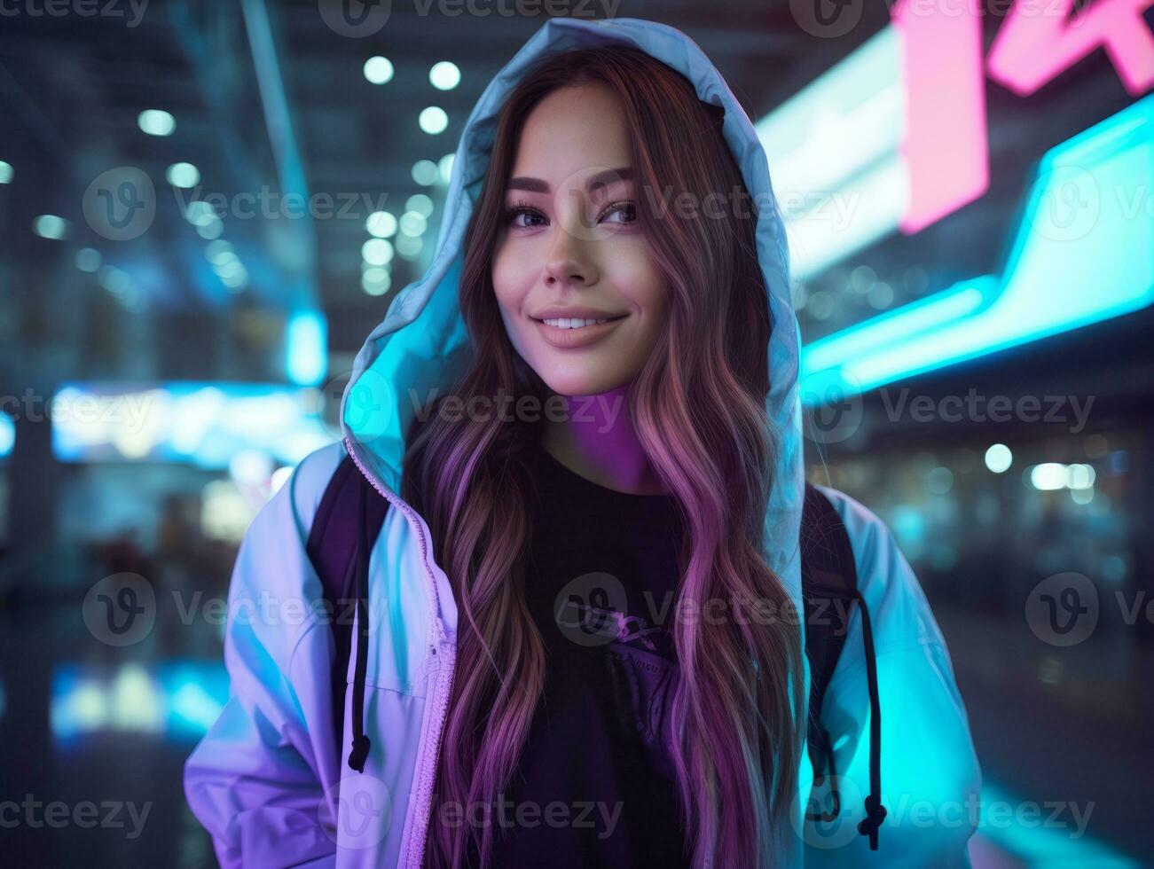woman in futuristic clothes enjoys leisurely stroll through neon city streets AI Generative photo