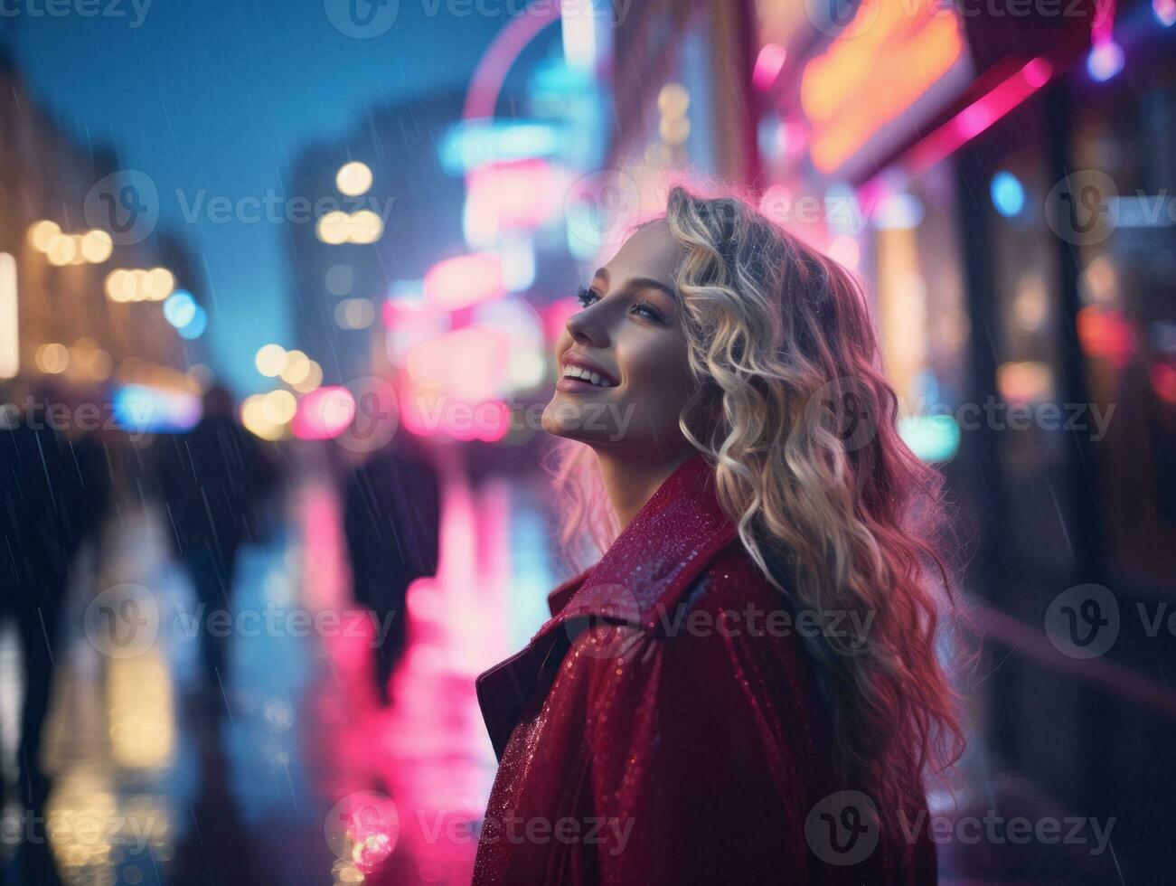 woman in futuristic clothes enjoys leisurely stroll through neon city streets AI Generative photo