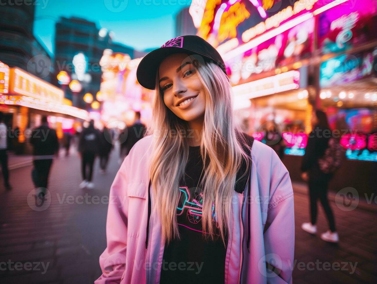 woman in futuristic clothes enjoys leisurely stroll through neon city streets AI Generative photo