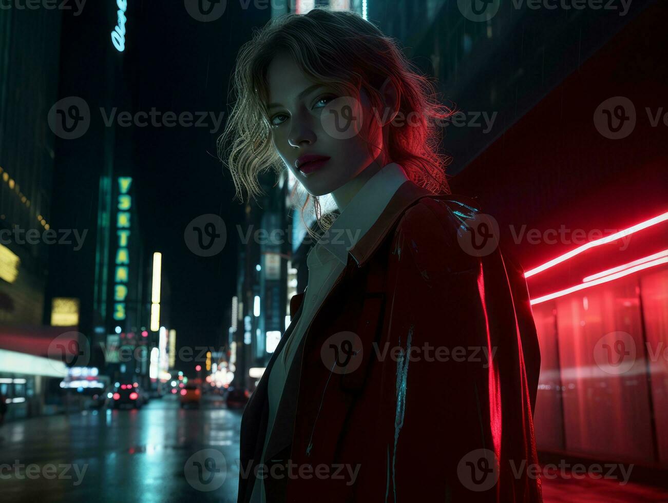 woman in futuristic clothes enjoys leisurely stroll through neon city streets AI Generative photo