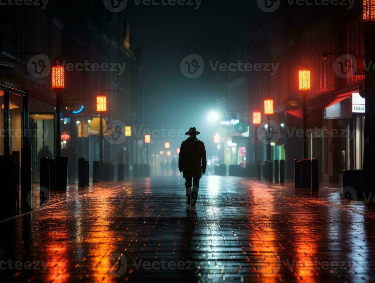 Man in future proof clothes enjoys a leisurely stroll through a neon lit city streets AI Generative photo