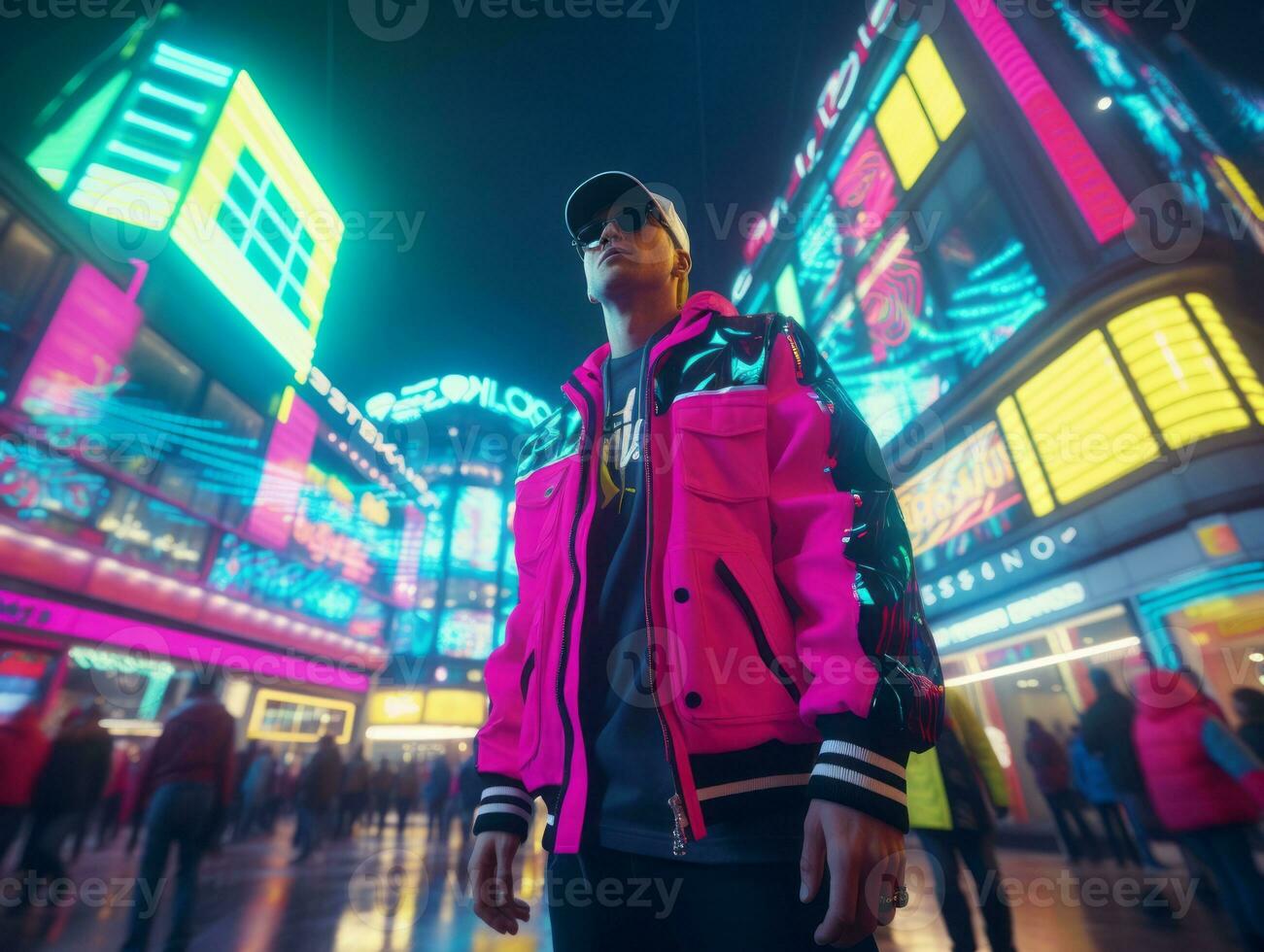 Man in future proof clothes enjoys a leisurely stroll through a neon lit city streets AI Generative photo