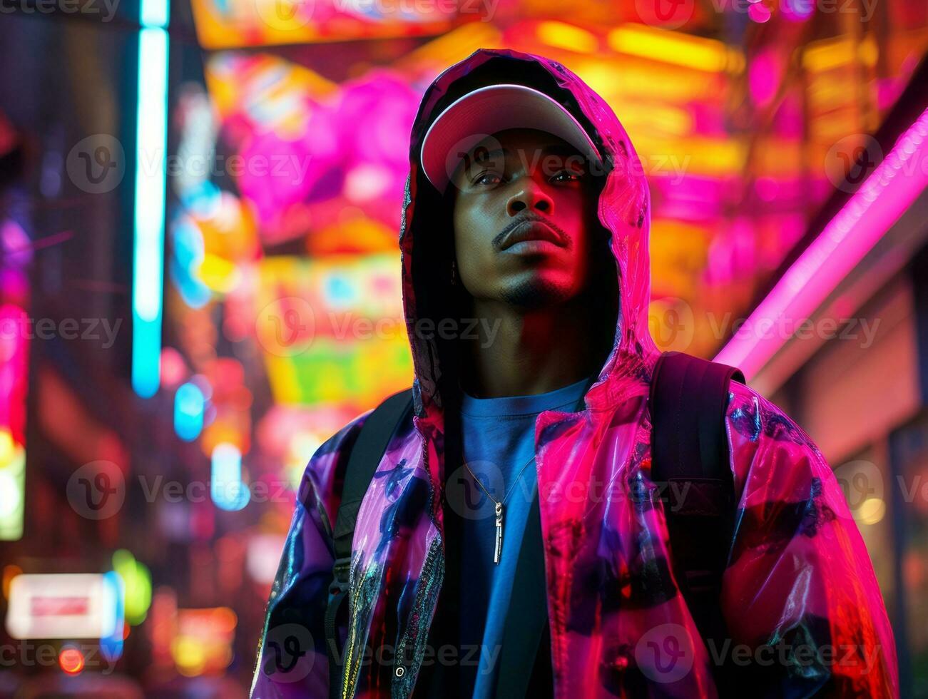 Man in future proof clothes enjoys a leisurely stroll through a neon lit city streets AI Generative photo