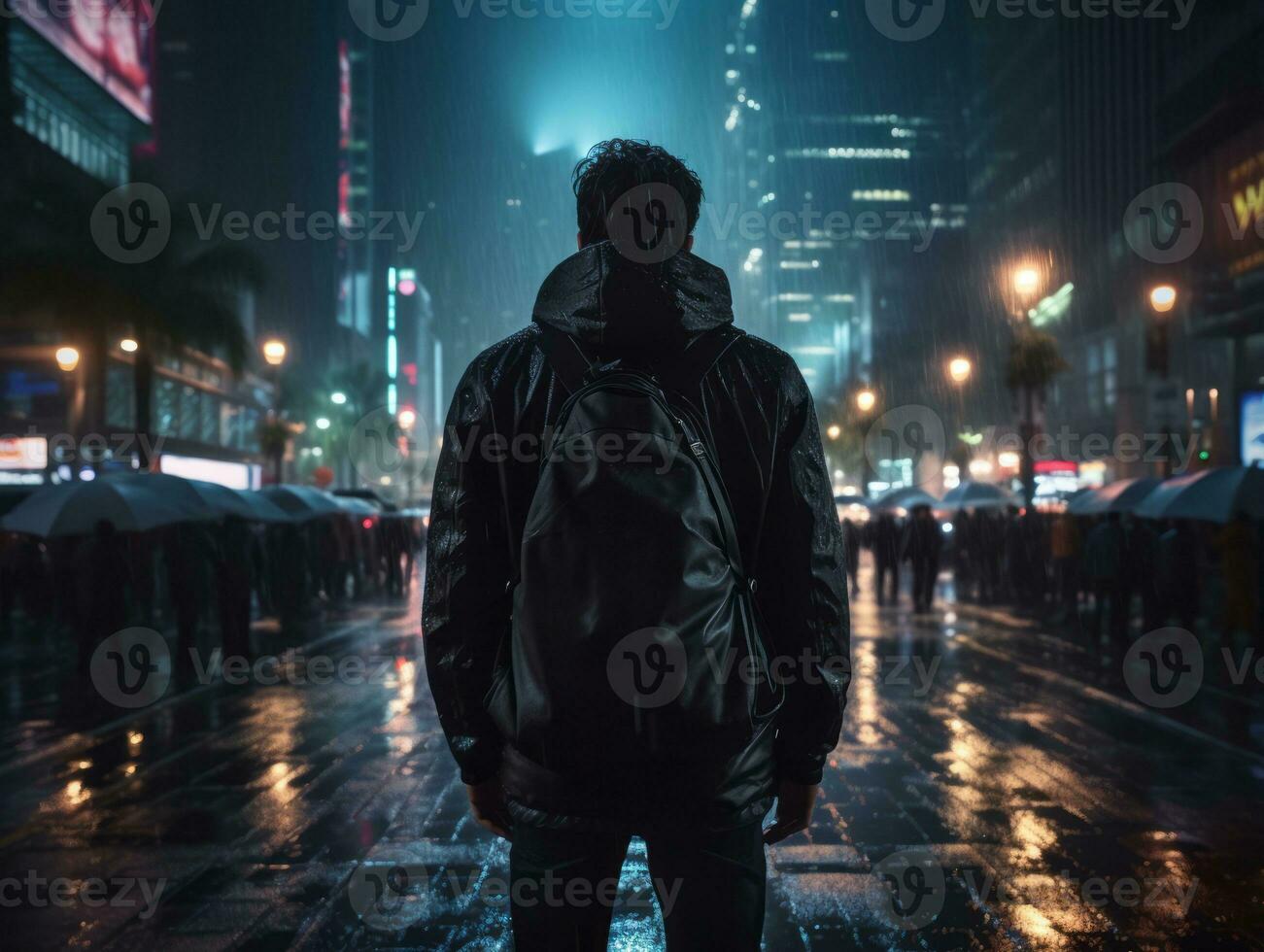 Man in future proof clothes enjoys a leisurely stroll through a neon lit city streets AI Generative photo