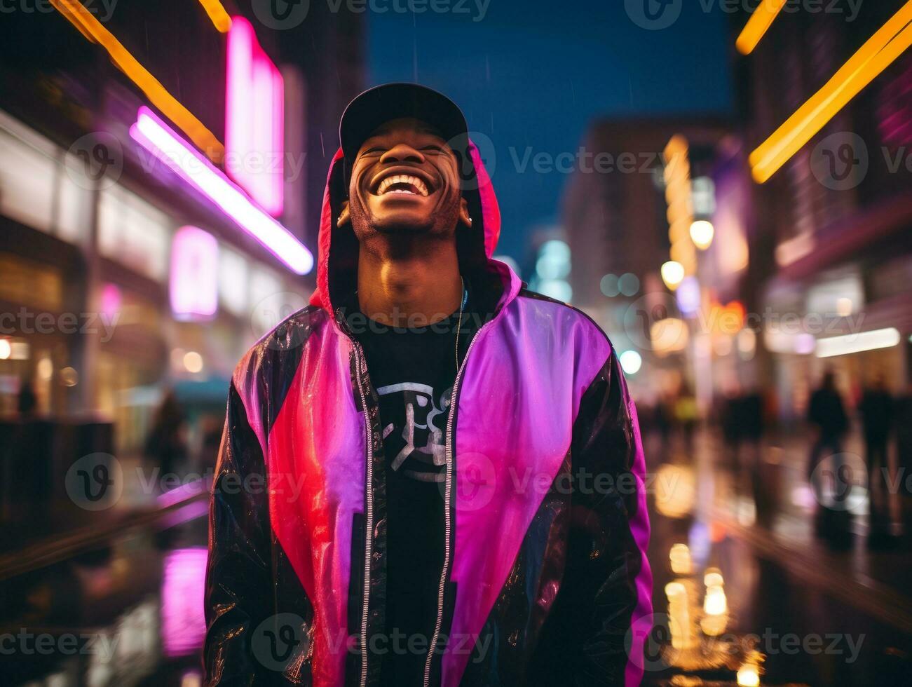 Man in future proof clothes enjoys a leisurely stroll through a neon lit city streets AI Generative photo